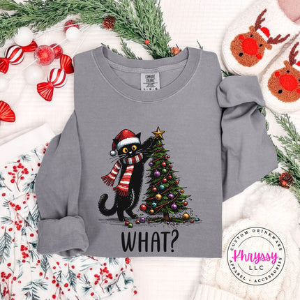Grey long sleeve tee with the What Cat Christmas tree design.