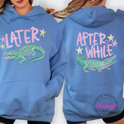 Carolina Blue hoodie with a retro pastel Later alligator print on the front