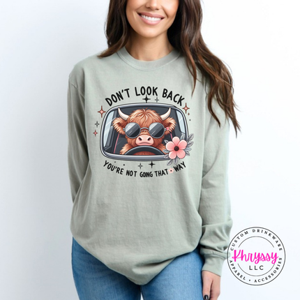 Sandstone long sleeve tee with a highland cow in sunglasses and Don't Look Back print