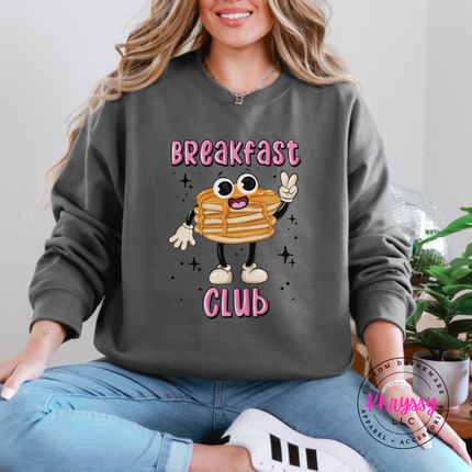 Close up of the pancake stack art on a Charcoal crewneck sweatshirt.