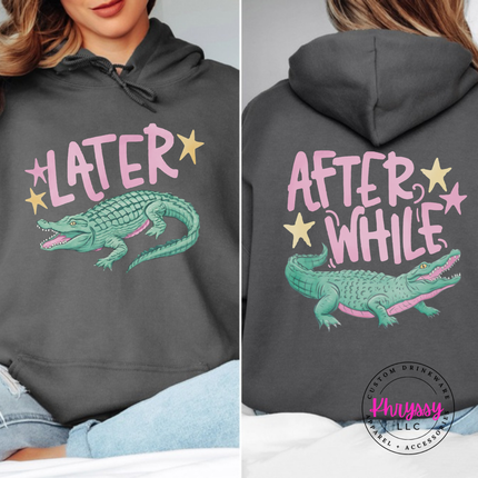 Charcoal hoodie with a retro pastel Later alligator print on the front
