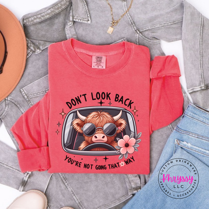 Watermelon long sleeve tee with a highland cow in sunglasses and Don't Look Back print