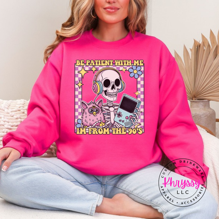 Close up of the retro skeleton art on a Heliconia crewneck sweatshirt.