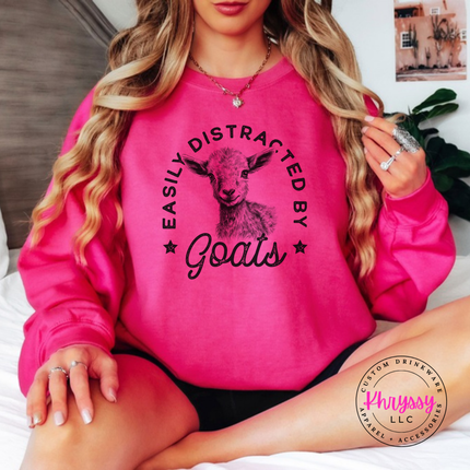 Heliconia crewneck sweatshirt with Easily Distracted by Goats print and sketched baby goat.