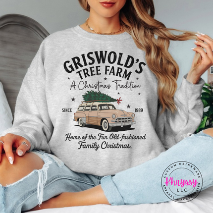 Old-Fashioned Family Christmas crewneck sweatshirt in Ash with a vintage station wagon.