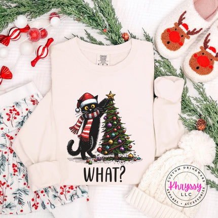 Ivory long sleeve tee with the What Cat Christmas tree design.