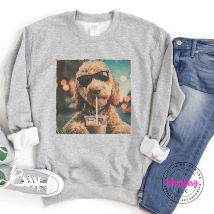 Sport Grey crewneck sweatshirt with a retro goldendoodle in sunglasses sipping iced coffee print.