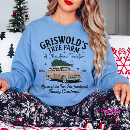 Old-Fashioned Family Christmas crewneck sweatshirt in Carolina Blue with a vintage station wagon.