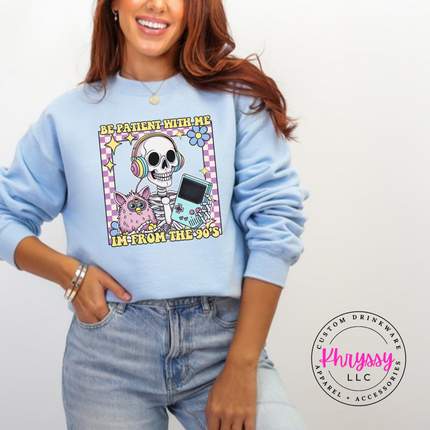 Close up of the retro skeleton art on a Light Blue crewneck sweatshirt.