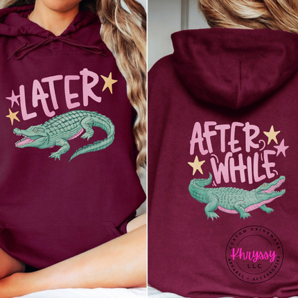 Maroon hoodie with a retro pastel Later alligator print on the front