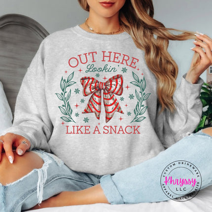 Ash crewneck sweatshirt with the Lookin Like A Snack candy cane bow.