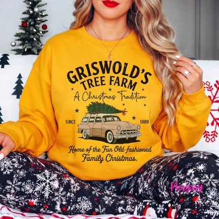 Old-Fashioned Family Christmas crewneck sweatshirt in Gold with a vintage station wagon.