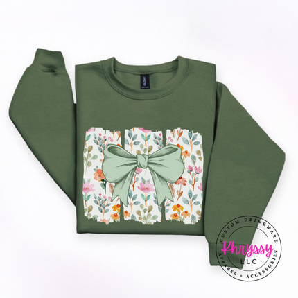 Military Green crewneck sweatshirt with a sage green bow over watercolor wildflower panels