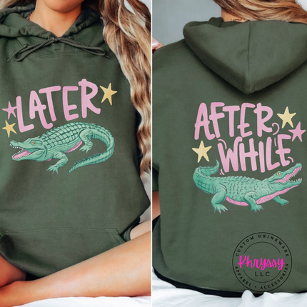 Military Green hoodie with a retro pastel Later alligator print on the front