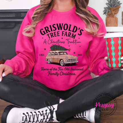 Old-Fashioned Family Christmas crewneck sweatshirt in Heliconia with a vintage station wagon.