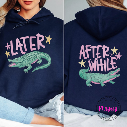 Navy hoodie with a retro pastel Later alligator print on the front