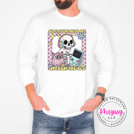 Close up of the retro skeleton art on a White crewneck sweatshirt.