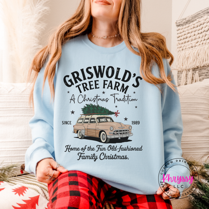 Old-Fashioned Family Christmas crewneck sweatshirt in Light Blue with a vintage station wagon.
