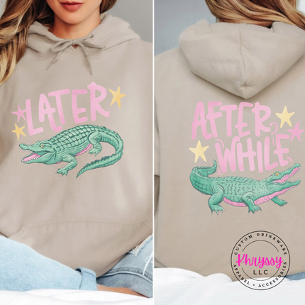 Sand hoodie with a retro pastel Later alligator print on the front