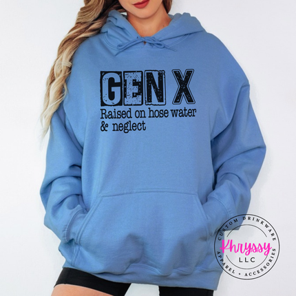 Carolina Blue hoodie with distressed Gen X Raised on Hose Water and Neglect print