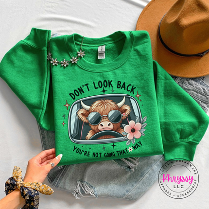 Irish Green crewneck sweatshirt with a highland cow in sunglasses and Don't Look Back print