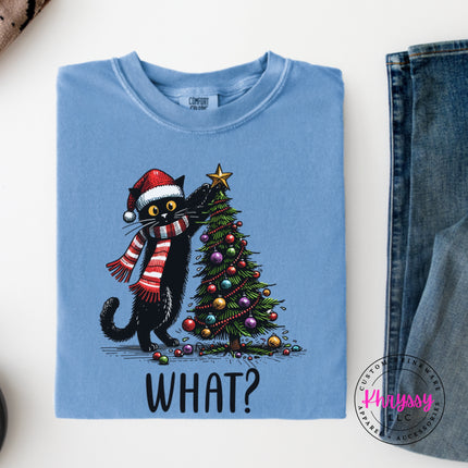 Washed Denim long sleeve tee with the What Cat Christmas tree design.