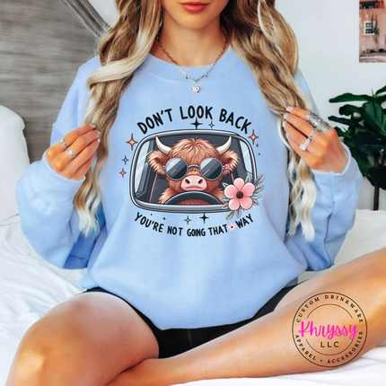 Light Blue crewneck sweatshirt with a highland cow in sunglasses and Don't Look Back print