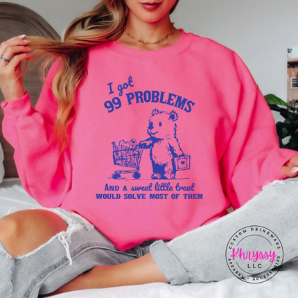 Safety Pink crewneck sweatshirt showing a cute one-color bear and cart sweet little treat design.