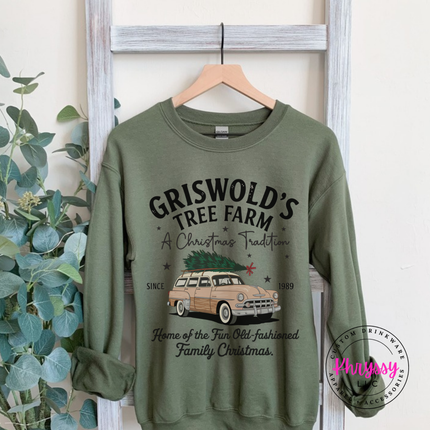 Old-Fashioned Family Christmas crewneck sweatshirt in Military Green with a vintage station wagon.