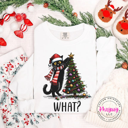 White long sleeve tee with the What Cat Christmas tree design.
