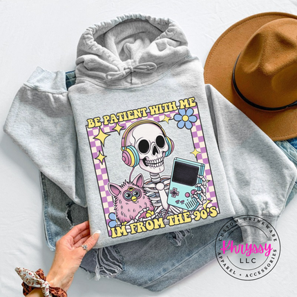 Close up of the retro skeleton art on a Ash hoodie.
