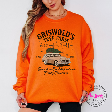 Old-Fashioned Family Christmas crewneck sweatshirt in Orange with a vintage station wagon.