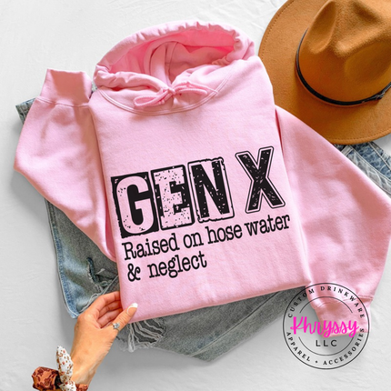 Light Pink hoodie with distressed Gen X Raised on Hose Water and Neglect print
