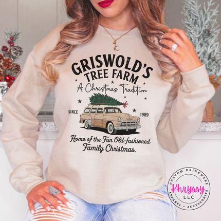 Old-Fashioned Family Christmas crewneck sweatshirt in Sand with a vintage station wagon.