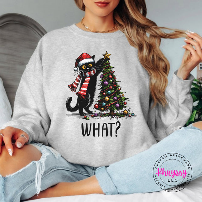 Ash crewneck sweatshirt with the What Cat Christmas tree design.