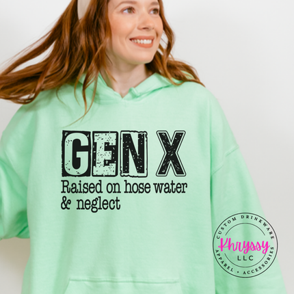 Mint Green hoodie with distressed Gen X Raised on Hose Water and Neglect print