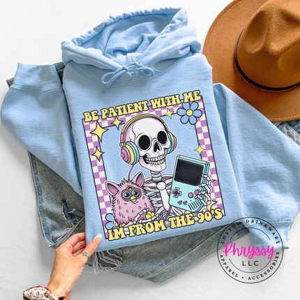 Close up of the retro skeleton art on a Light Blue hoodie.