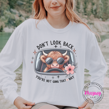 White crewneck sweatshirt with a highland cow in sunglasses and Don't Look Back print