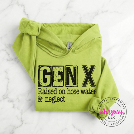 Safety Green hoodie with distressed Gen X Raised on Hose Water and Neglect print