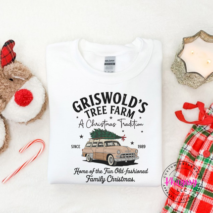 Old-Fashioned Family Christmas crewneck sweatshirt in White with a vintage station wagon.