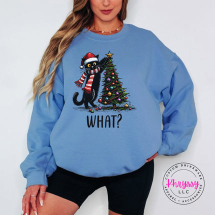 Carolina Blue crewneck sweatshirt with the What Cat Christmas tree design.