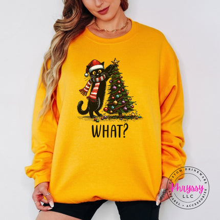 Gold crewneck sweatshirt with the What Cat Christmas tree design.