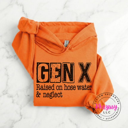 Safety Orange hoodie with distressed Gen X Raised on Hose Water and Neglect print