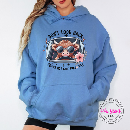 Carolina Blue hoodie with a highland cow in sunglasses and Don't Look Back print