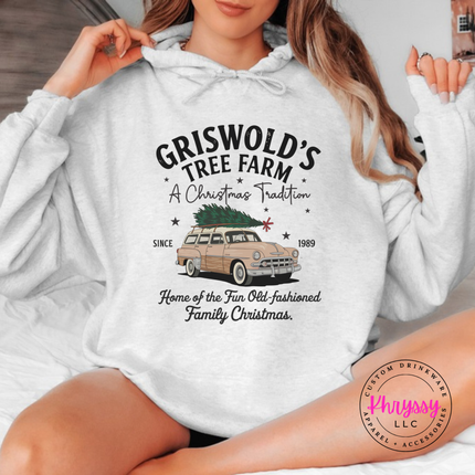 Old-Fashioned Family Christmas hoodie in Ash with a vintage station wagon.