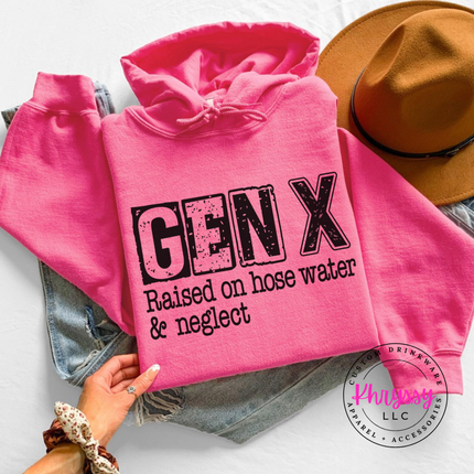 Safety Pink hoodie with distressed Gen X Raised on Hose Water and Neglect print