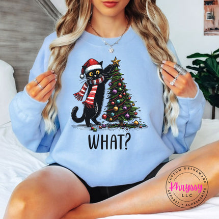Light Blue crewneck sweatshirt with the What Cat Christmas tree design.
