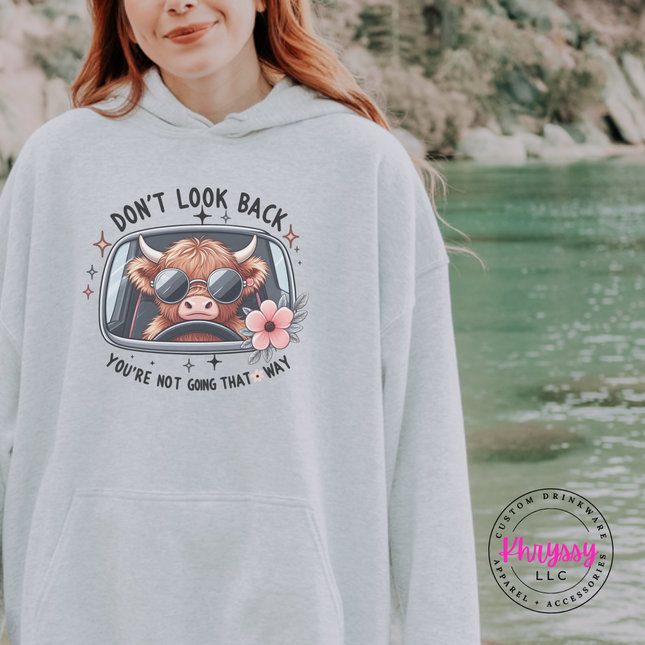 Ash hoodie with a highland cow in sunglasses and Don't Look Back print