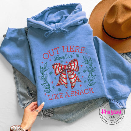 Carolina Blue hoodie with the Lookin Like A Snack candy cane bow.