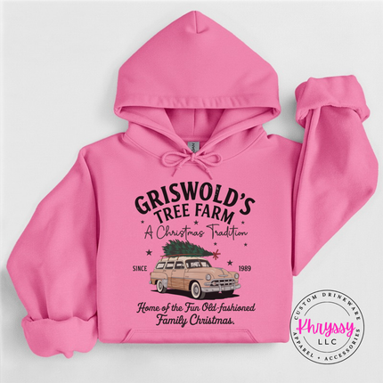 Old-Fashioned Family Christmas hoodie in Azalea with a vintage station wagon.